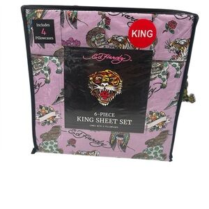Ed Hardy King Size Sheet Set 6-Piece Purple Tiger Dragon Print NWT